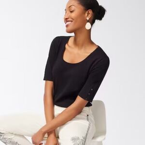 Chico’s Everyday Cotton button Sleeve Shortsleeve Basic Knit Tee Black 2 NWT